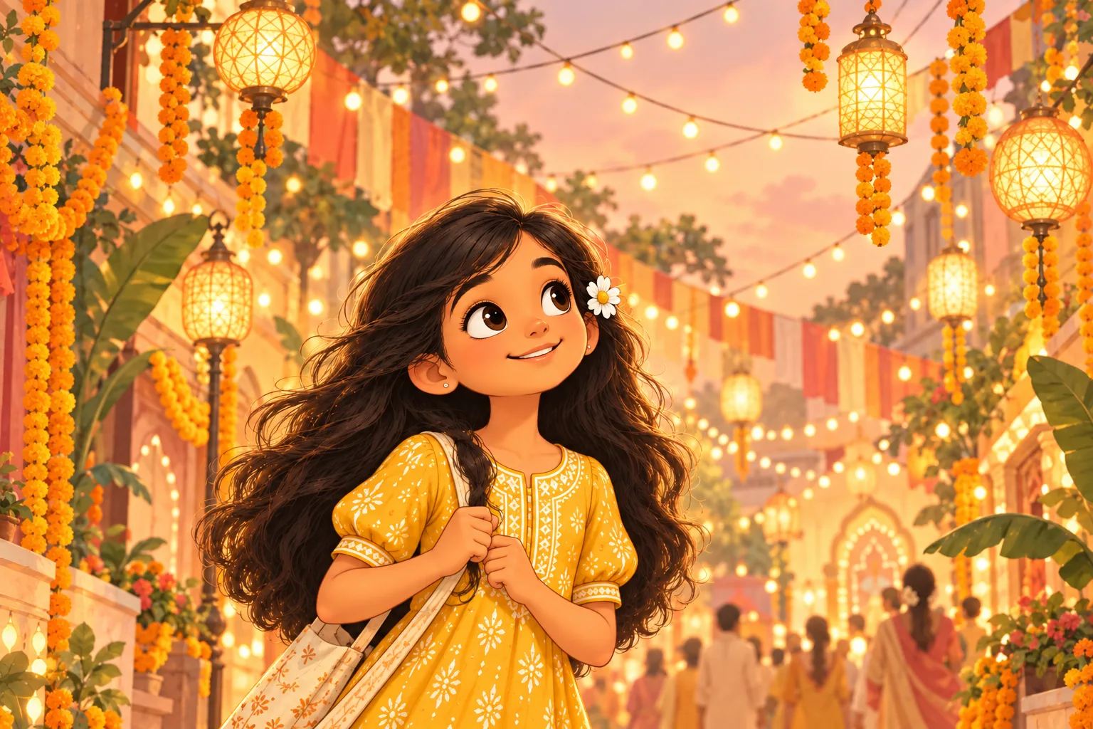 Mishti under lanterns and marigold garlands at a Kolkata Pujo